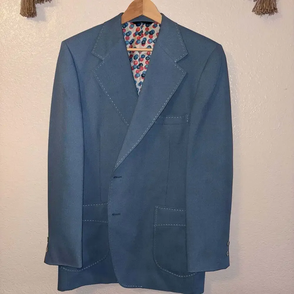 Vintage Johnny Carson Blue Leisure Blazer Jacket With Polka Dot Lining